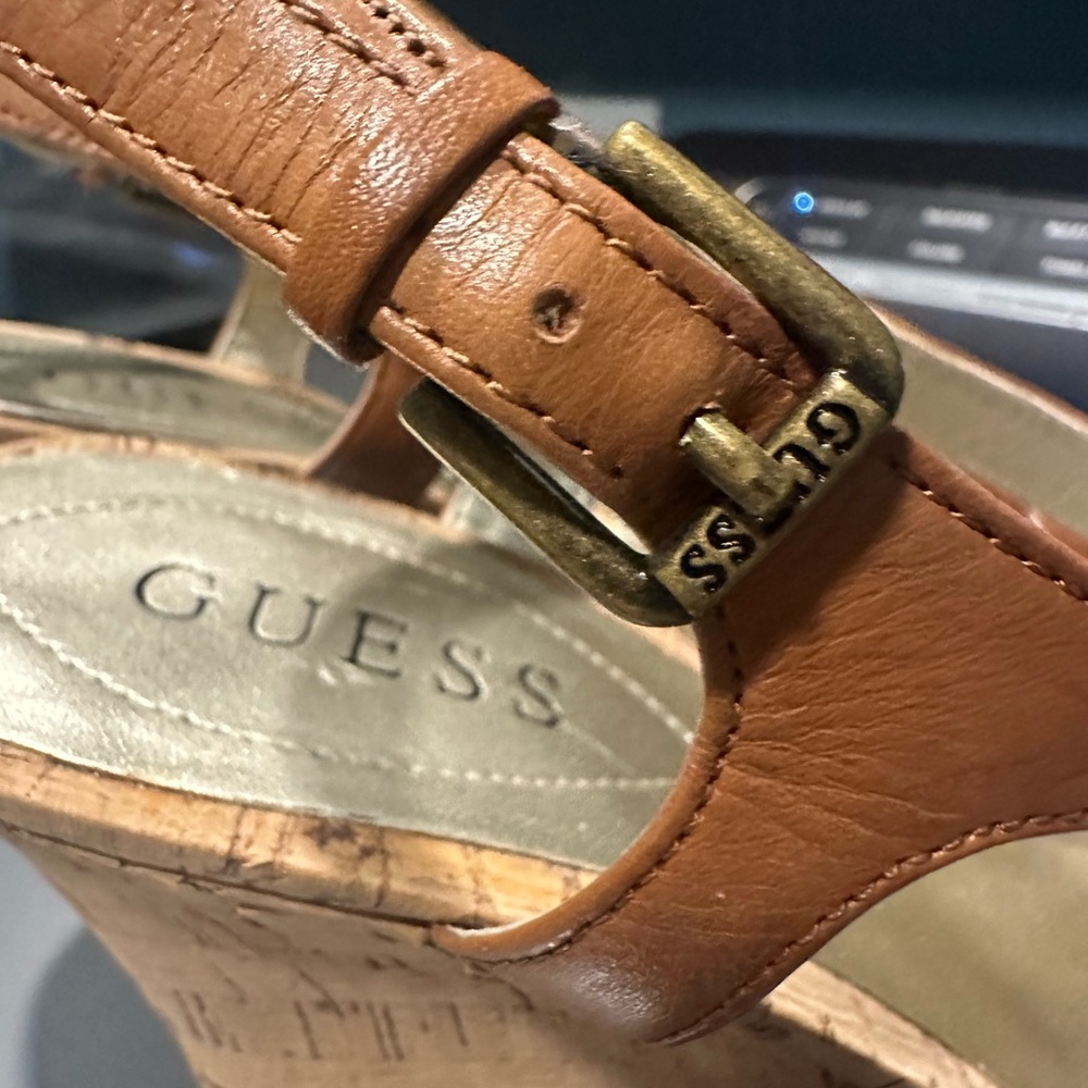 Guess Tan Leather Wedge Sandals - Picture 6 of 7